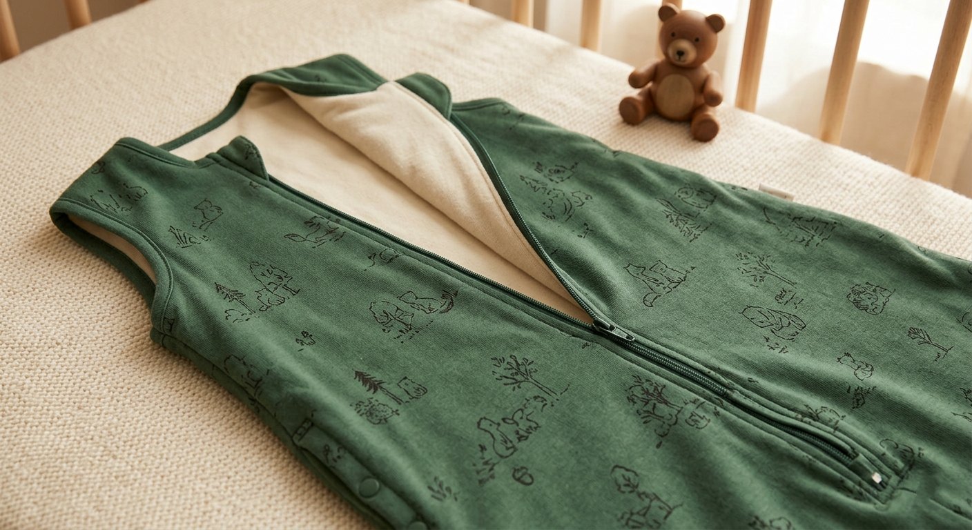 Deep tone baby sleeping bag in forest green with nature illustrations
