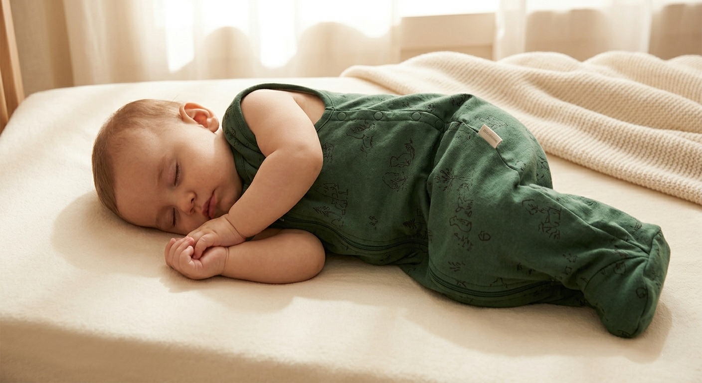 Baby sleeping peacefully in a deep green sleeping bag